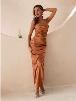 Angel-Fashions Women's Lace Up Back Split Thigh Cami Dress Brown Evening Dress 641