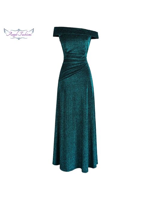 Angel-fashions Off Shoulder Pleated Evening Dresses Long Party Gown Peacock green 466