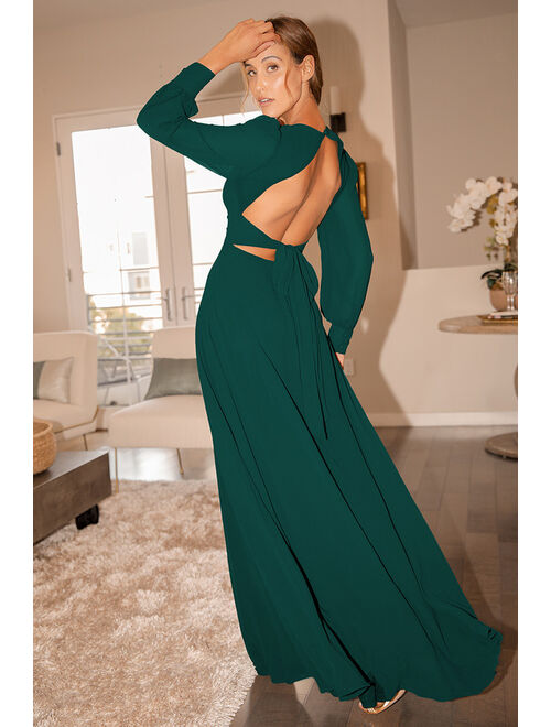 Lulus Talk About Divine Hunter Green Long Sleeve Backless Maxi Dress
