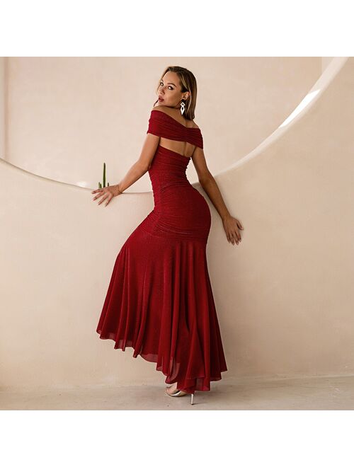 Angel-fashions Women Off Shoulder Ruched Prom Dresses Illusion Mermaid Long Evening Dress Red 601