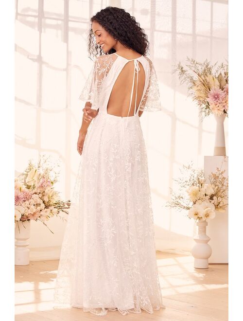 Lulus Moment of a Lifetime White Embroidered Backless Maxi Dress