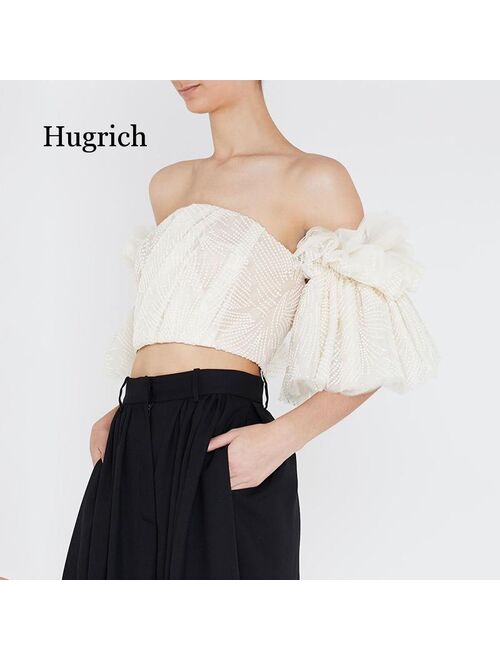 2021 Summer New Solid Color Bra Top Lace Puff Sleeve Short Shirt