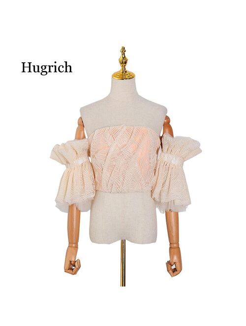 2021 Summer New Solid Color Bra Top Lace Puff Sleeve Short Shirt
