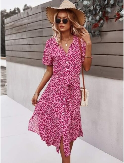 Ditsy Floral Tie Front Button Through Dress