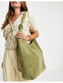 khaki suede slouchy tote with strap detail