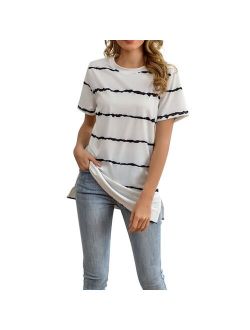 Summer T-Shirt Top For Women Wave Stripe Printed Top New Round Neck Split Fashion Casual Slim Female Short Sleeves