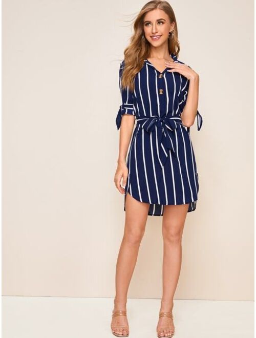 Buy Shein Striped Knot Cuff Belted Shirt Dress online | Topofstyle
