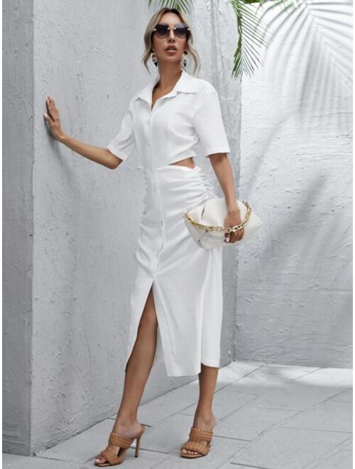 Shein Button Front Ruched Detail Cut Out Shirt Dress