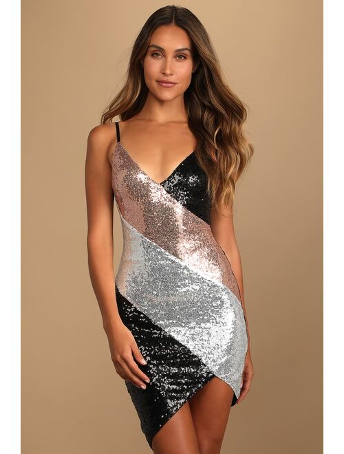 Lulus Nothing But Glamour Black Multi Sequin Color Block Bodycon Dress