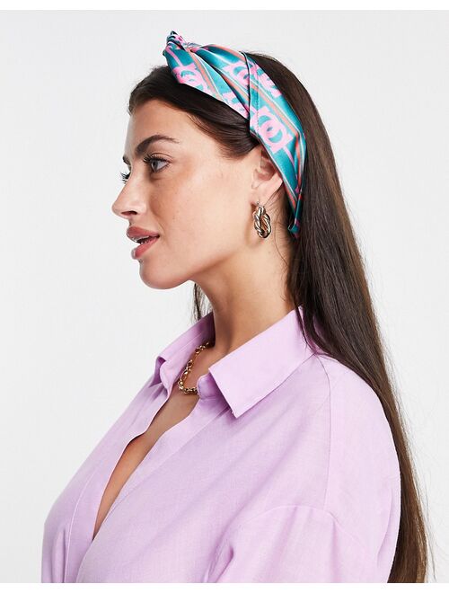 Asos Design polysatin medium headscarf in green and pink chain print