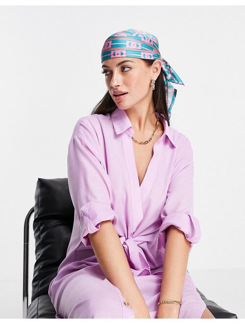 Asos Design polysatin medium headscarf in green and pink chain print