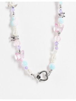 beaded necklace with cute charms in silver tone