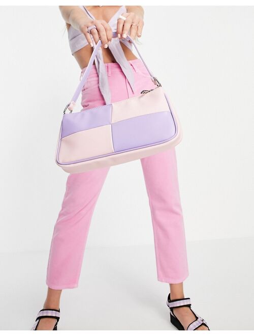 Asos Design slim 90s shoulder bag in pastel lilac & pink patchwork