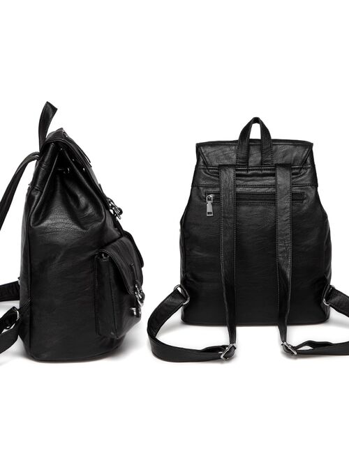 VASCHY Fashion Backpack Purse for Women Chic Drawstring School Bags with Two Front Pockets Soft Leather Backpack for College