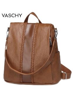 VASCHY Fashion Vegan Leather Anti-theft Women Backpack Vintage Weave Unique Soft School Bag for Teenager Girl Designer Purse