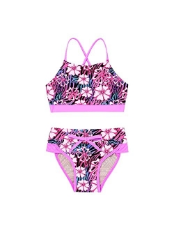 zdhoor Kids Girls Bohemian Floral Printed 2 Piece Swimsuit Bikini Set Criss Cross Crop Top Thong Underwear