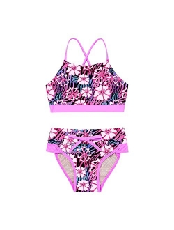 Yeahdor Kids Girls Two Piece Tie Dye Triangle Bikini Set X Back Crop Top with Brief Bathing Suit