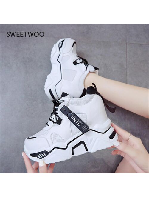 SWEETWOO 2021 Ladies Sneakers Sneakers Platform Wedge Heel Platform Sneakers Black Sneakers Casual Shoes