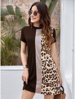 Contrast Sequin and Leopard Panel Tee Dress