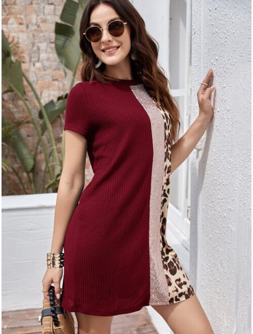 Shein Contrast Sequin and Leopard Panel Tee Dress