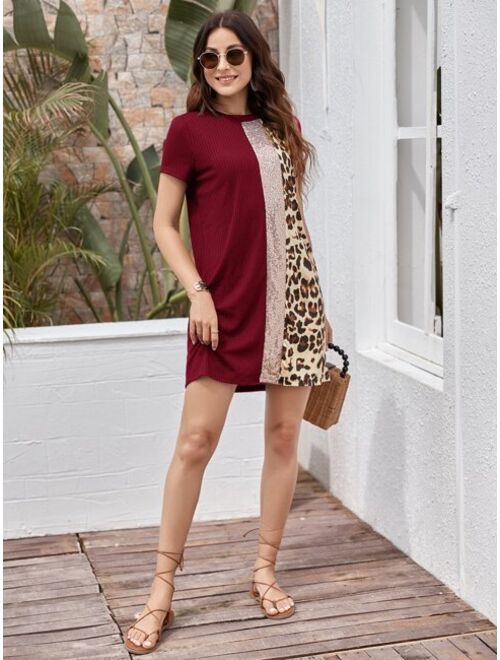 Shein Contrast Sequin and Leopard Panel Tee Dress