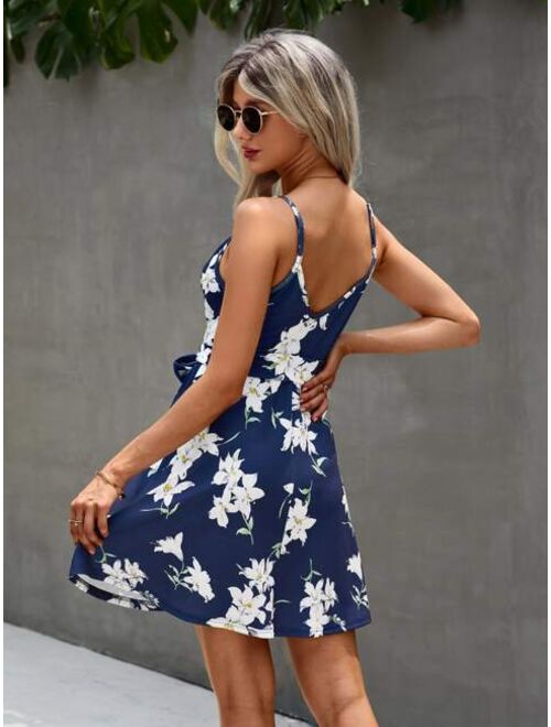 Shein Floral Print Surplice Front Belted Cami Dress