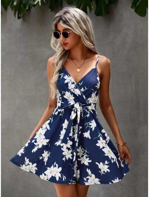 Shein Floral Print Surplice Front Belted Cami Dress