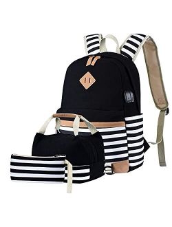 BTRLIACY Canvas School Bags Striped Rucksack Casual Daypack Laptop Backpack College Student Bag Backpack for Women Teenage Girls, with Lunch Box Bag Pencil Case