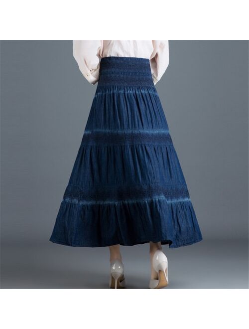 National Style Denim Skirt Vintage Long Skirt Summer Women Dark Blue Maxi Jean Skirt High Waist Pleated Casual  Skirt Ds50662