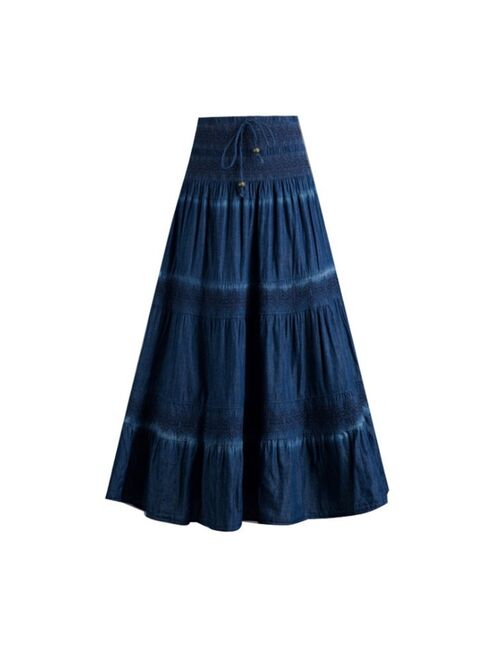 National Style Denim Skirt Vintage Long Skirt Summer Women Dark Blue Maxi Jean Skirt High Waist Pleated Casual  Skirt Ds50662