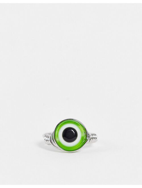 Asos Design ring in wire design with green eye in silver tone