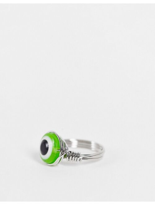 Asos Design ring in wire design with green eye in silver tone