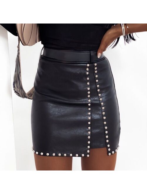 Beaded Fashion Short Leather Skirt Black Solid Beading High Waist Skinny Women Skirt Sexy Club & Party Mini Skirts Vestidos #23
