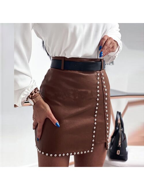 Beaded Fashion Short Leather Skirt Black Solid Beading High Waist Skinny Women Skirt Sexy Club & Party Mini Skirts Vestidos #23
