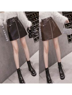 Fashion ladies pu leather zipper skirt elastic belt high waist inner safety pants personalized all-match boot skirt