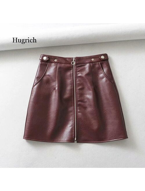 2020 Early Spring European and American Style Women's New Wholesale High Waist Pocket Zipper Pu Leather Skirt High Quality