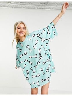 oversized t-shirt dress with all over print bone print