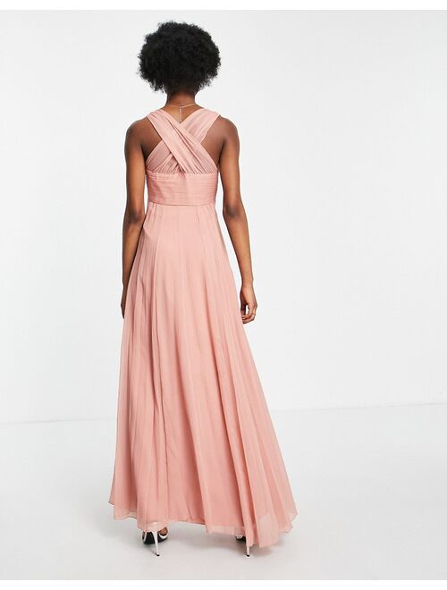 Asos Design Bridesmaid ruched bodice drape maxi dress with wrap waist in dark rose