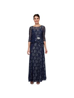 Women's Le Bos Three Quarter Sleeve Metallic Lace Gown