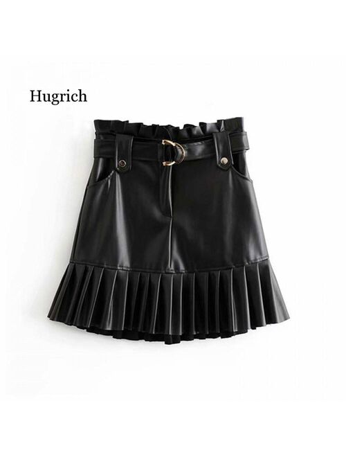 Women Black Pu Leather Skirt with Belt Fashion Streetwear Ruffles Pleated Mini Skirts A-Line Party Club Sexy Short Skirt