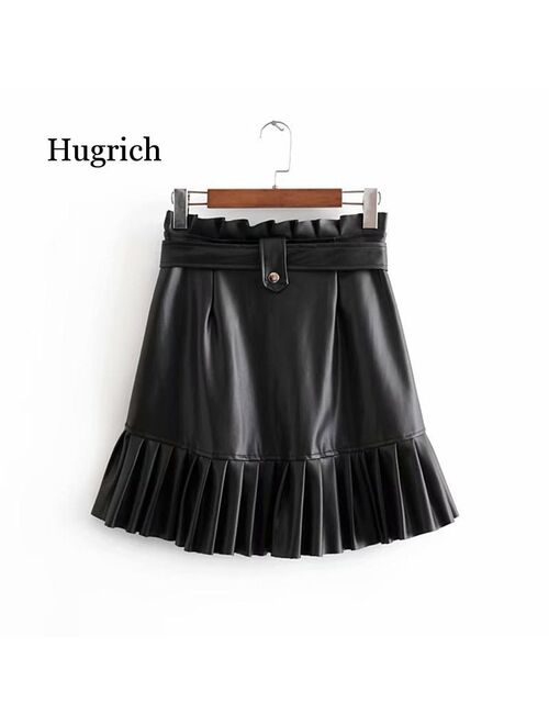 Women Black Pu Leather Skirt with Belt Fashion Streetwear Ruffles Pleated Mini Skirts A-Line Party Club Sexy Short Skirt
