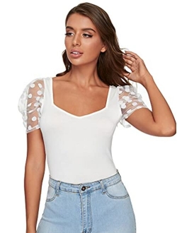 Women's Sweetheart Neck Mesh Puff Sleeve Slim Fitted Tee Top