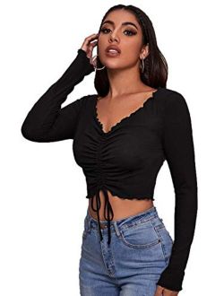 Women's Ruched Drawstring Front Cow Print V Neck Crop Tee Top