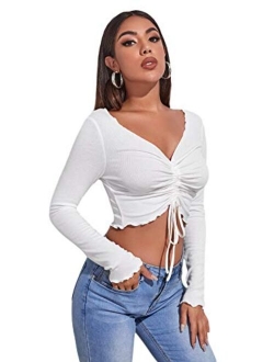 Women's Ruched Drawstring Front Cow Print V Neck Crop Tee Top