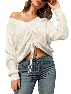 Women's Casual Drawstring Front V Neck Long Sleeve Knit Pullover Sweater