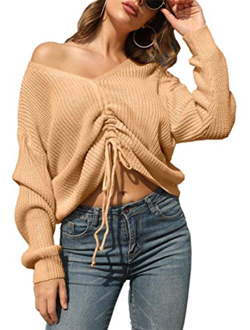 BerryGo Women's Casual Drawstring Front V Neck Long Sleeve Knit Pullover Sweater