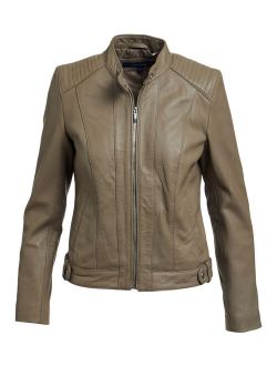 | Cement Zip-Front Leather Moto Jacket - Women