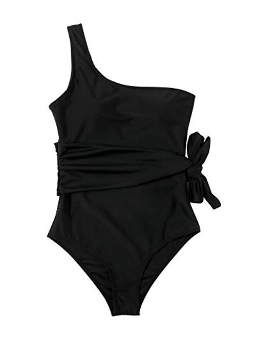 RXRXCOCO Women One Shoulder Bathing Suit Side Bandage Bowknot Tummy Control One Piece Swimsuit Swimwear