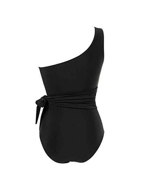 RXRXCOCO Women One Shoulder Bathing Suit Side Bandage Bowknot Tummy Control One Piece Swimsuit Swimwear