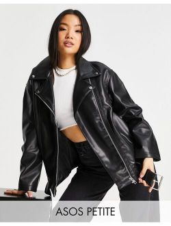 Petite longline oversized leather look moto jacket in black